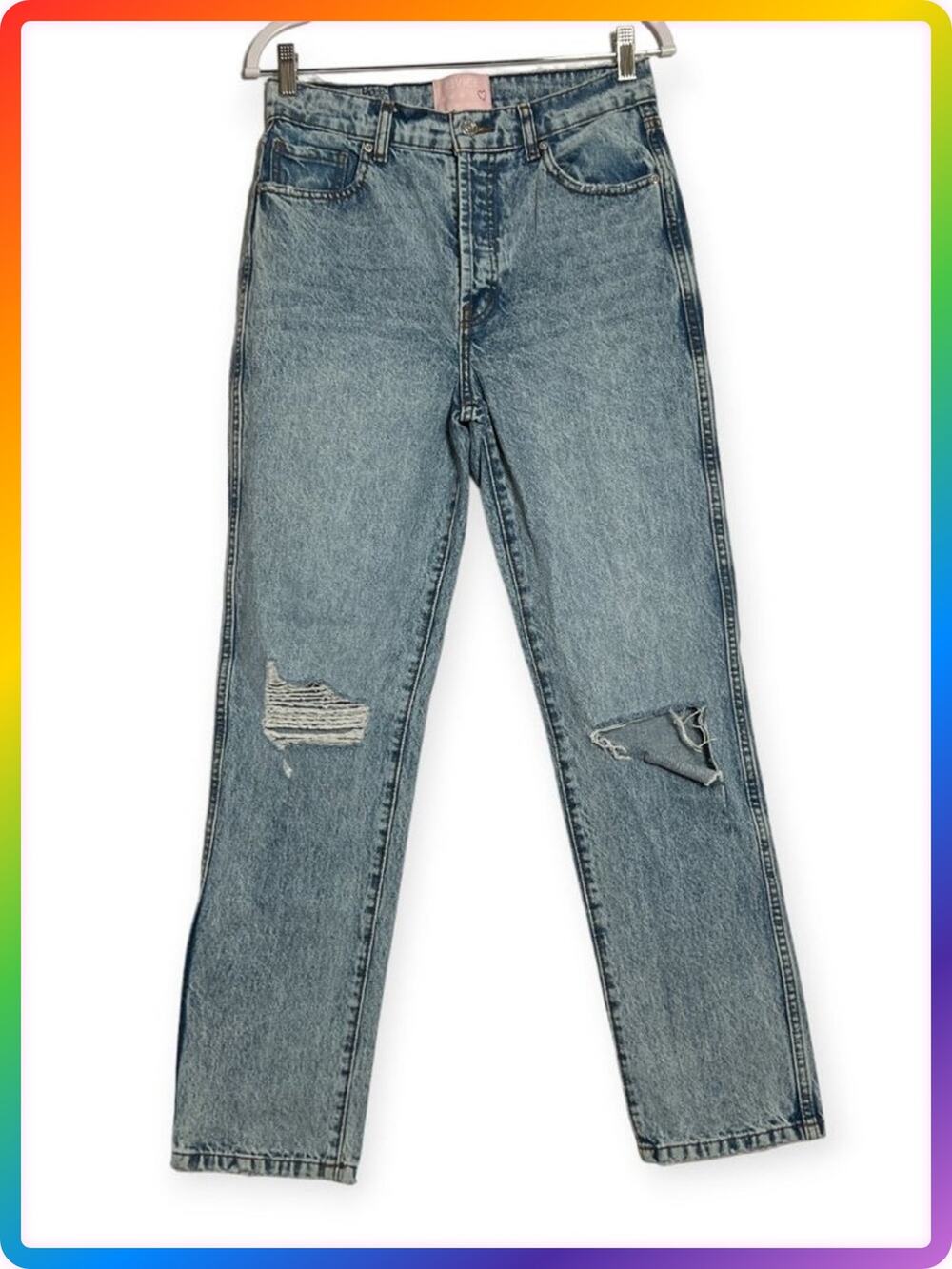Revice High Rise Jeans SIZE 28x30 Blue Button Fly Straight Leg Destroyed Denim
